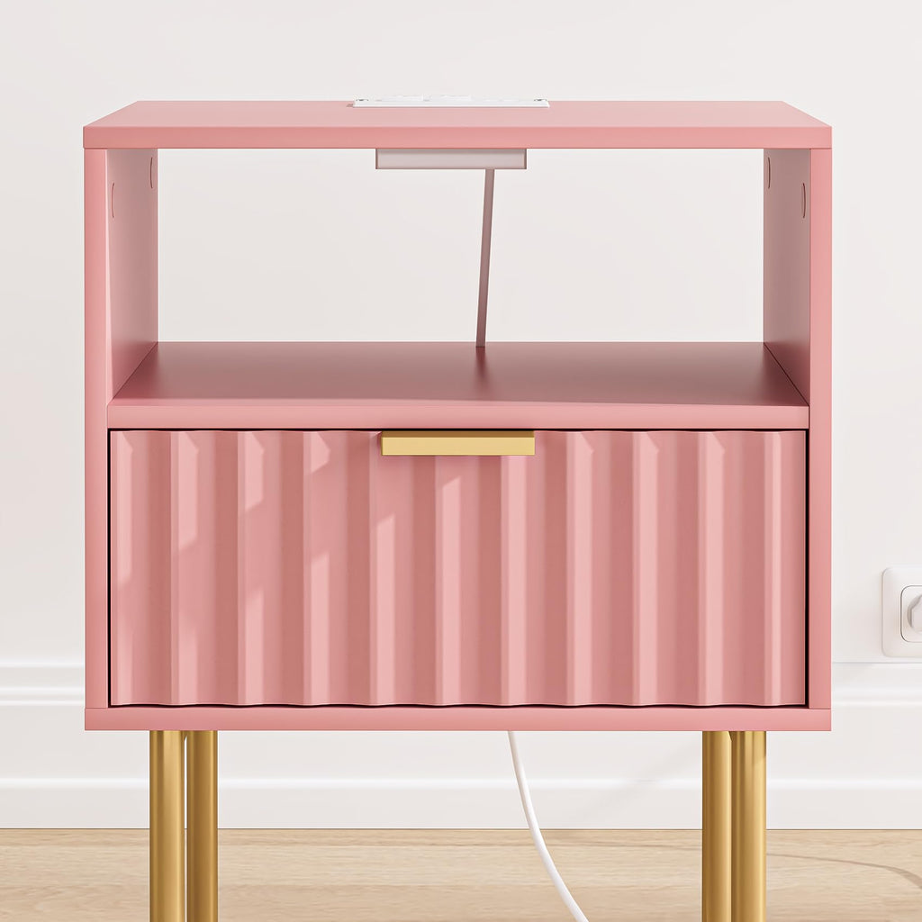 Pink Fluted Nightstand with Charging Station K49328