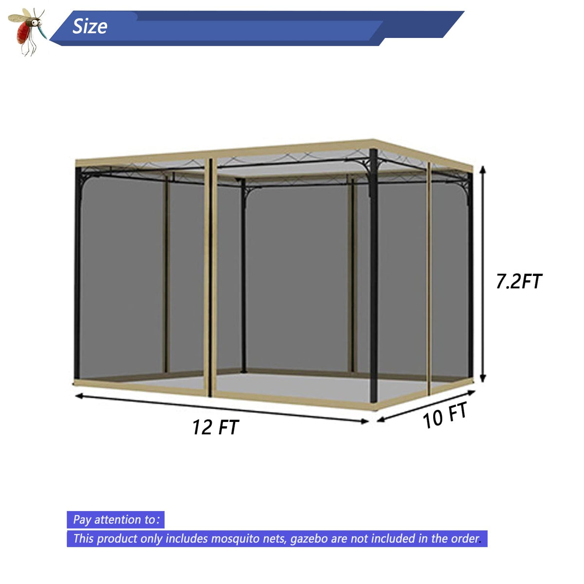 10x12 Gazebo Replacement Mosquito Netting 4-Panel Sidewall Screen with Zipper Black O8522