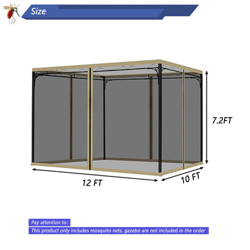 10x12 Gazebo Replacement Mosquito Netting 4-Panel Sidewall Screen with Zipper Black O8522