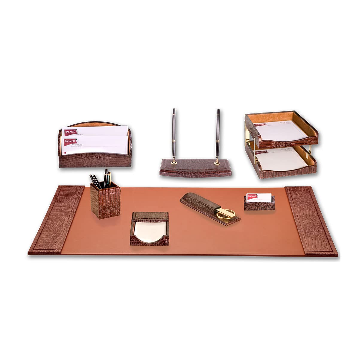 Brown Crocodile Embossed Leather Desk Set O446511