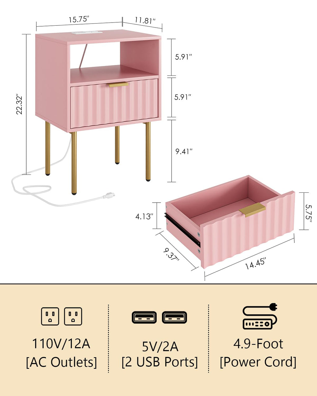 Pink Fluted Nightstand with Charging Station K49328