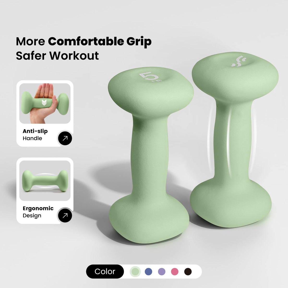Neoprene Dumbbells Set of 2, 5lb Hand Weights, Green F79675