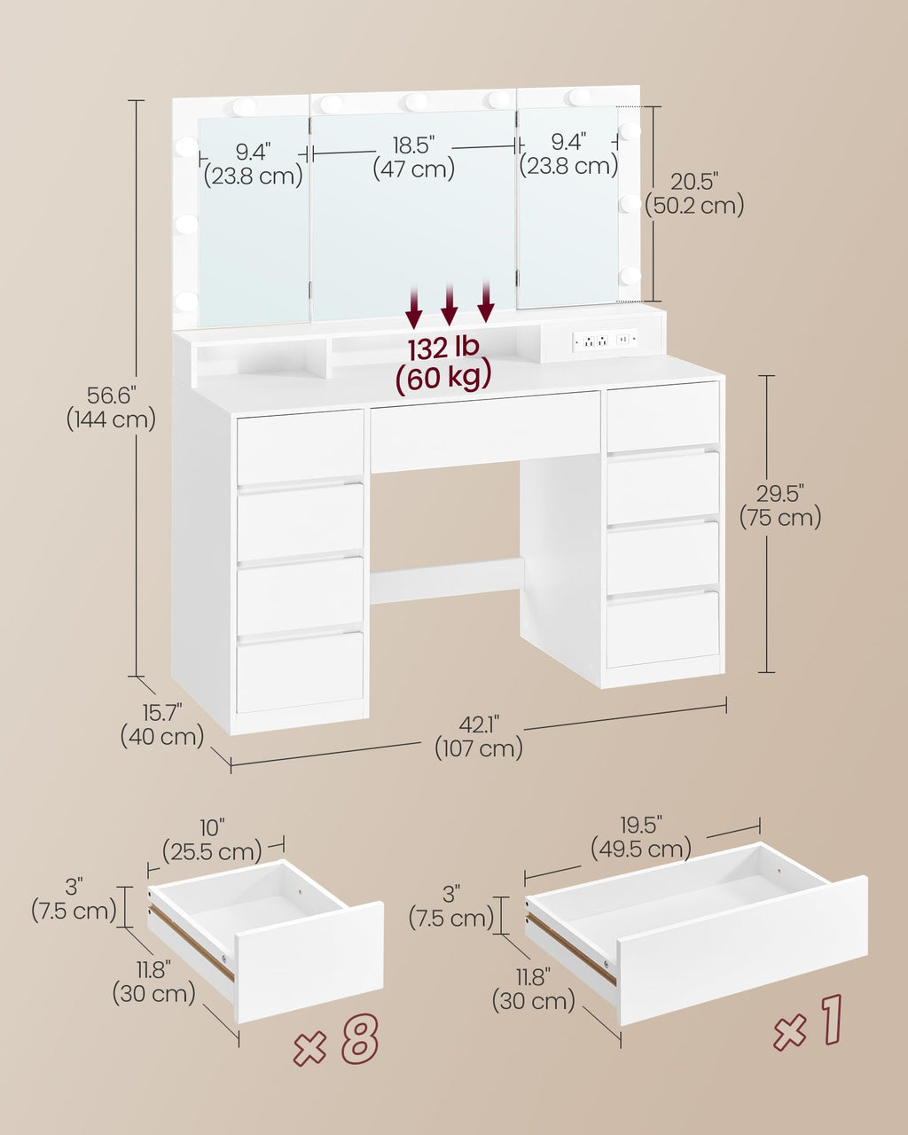Vanity Desk with LED Lights and Tri-Fold Mirror, 9 Drawers B9348