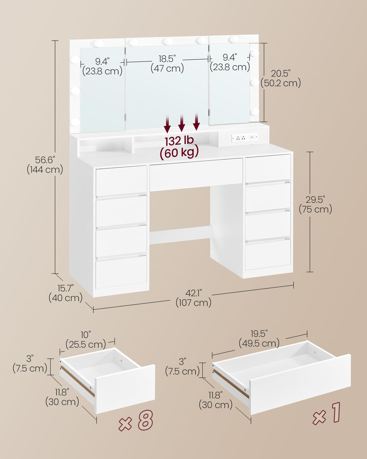 Vanity Desk with LED Lights and Tri-Fold Mirror, 9 Drawers B9348