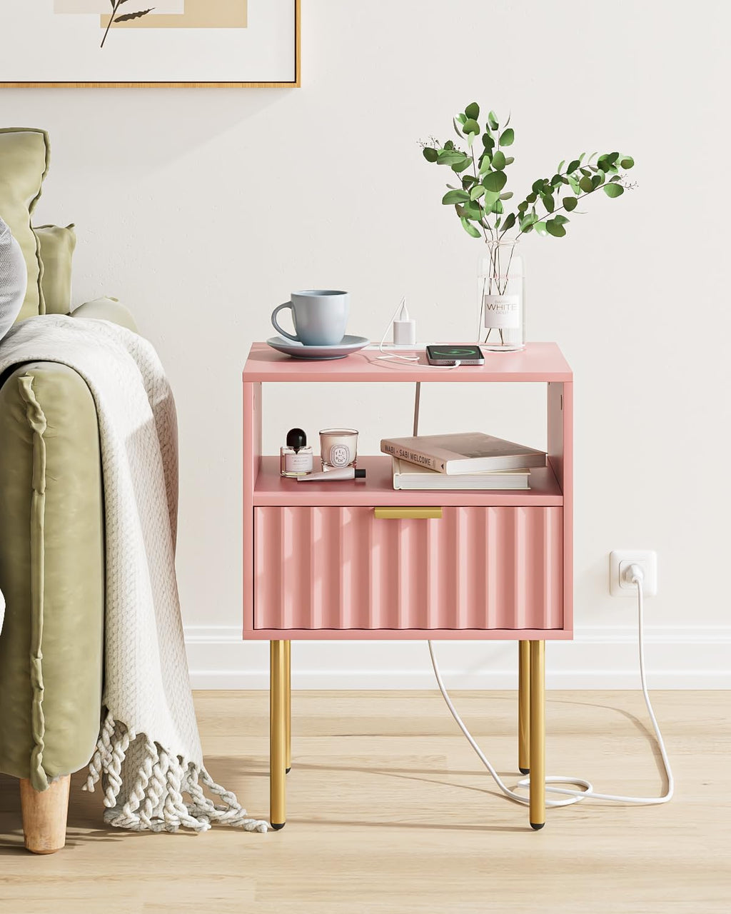 Pink Fluted Nightstand with Charging Station K49328