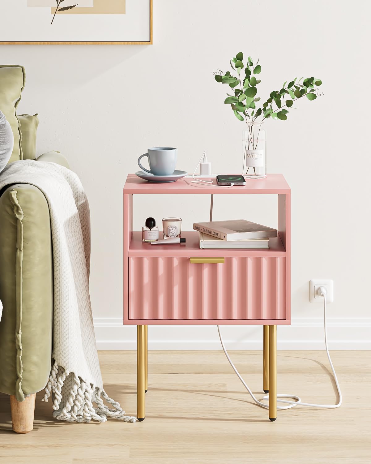Pink Fluted Nightstand with Charging Station K49328
