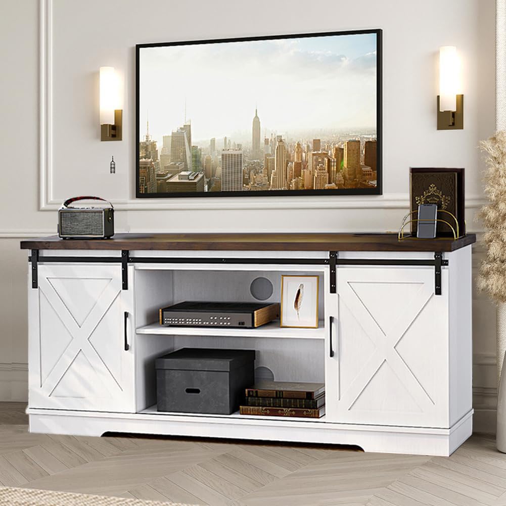 White Farmhouse TV Stand with Sliding Barn Doors and Adjustable Shelf L418838