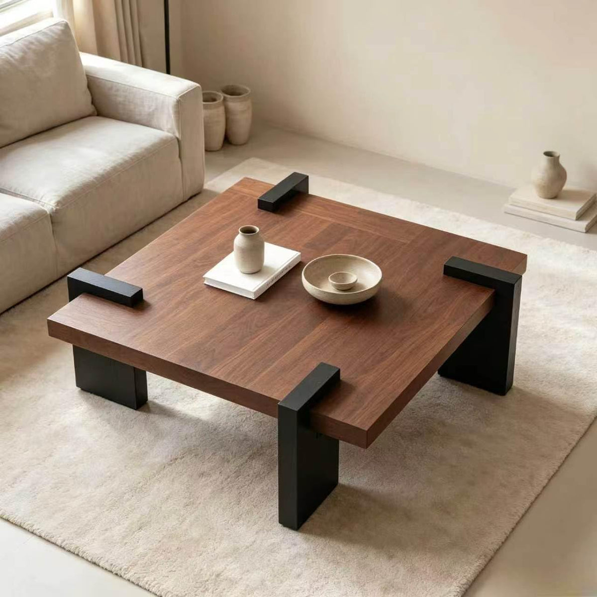 Walnut Coffee Table with Black Wood Legs Z939
