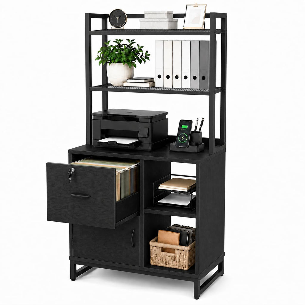 Black Vertical Filing Cabinet with Bookshelf J5641