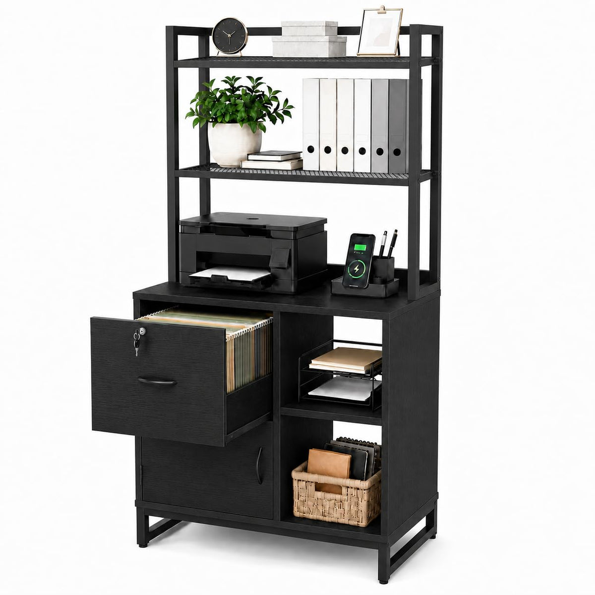 Black Vertical Filing Cabinet with Bookshelf J5641