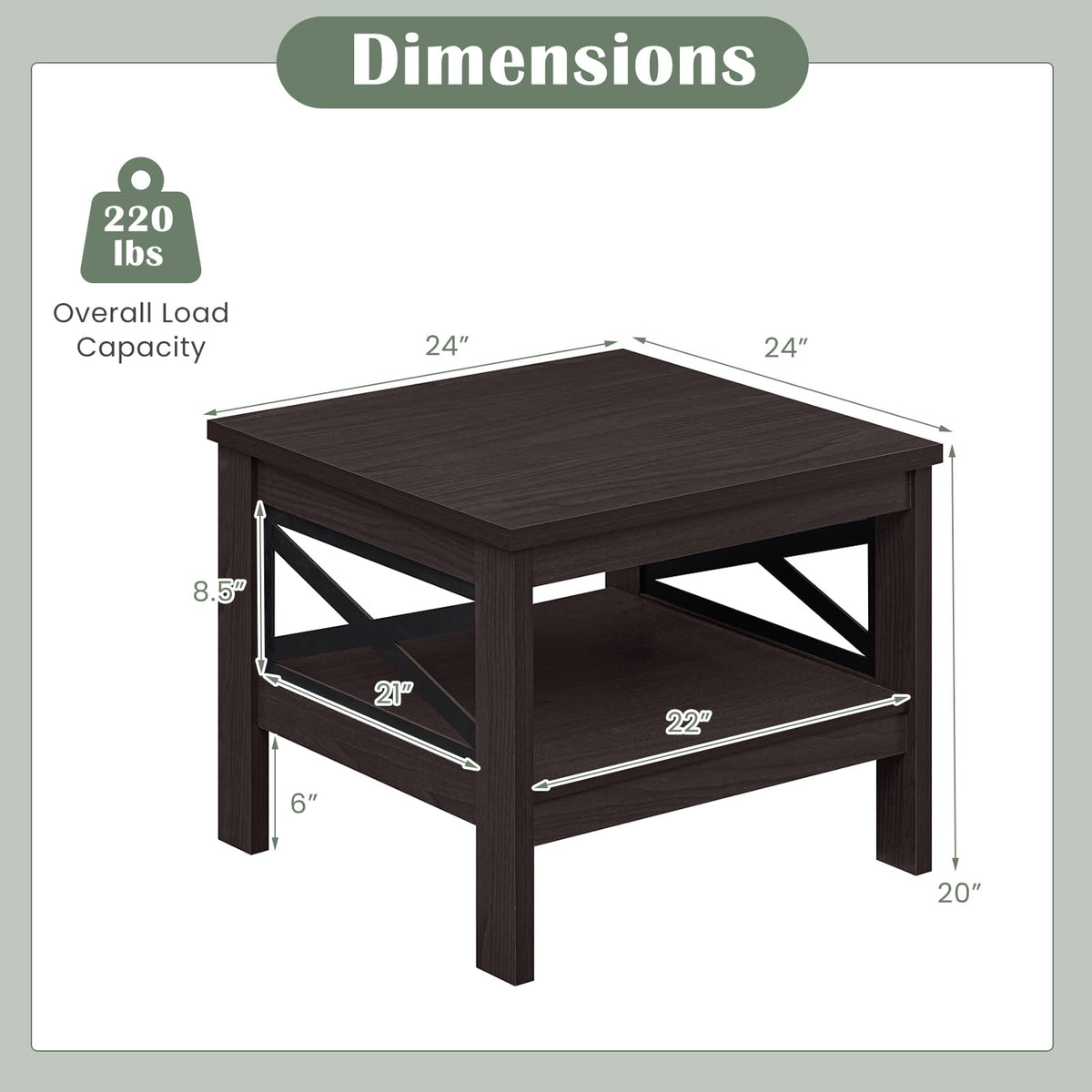 2-Tier Square End Table Set of 2 with Storage Shelf S641