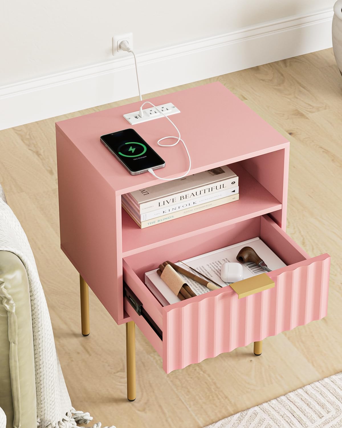 Pink Fluted Nightstand with Charging Station K49328