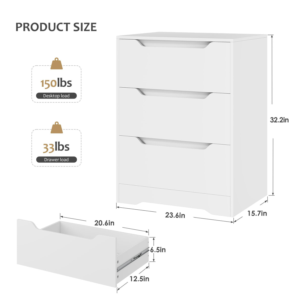 White 3 Drawer Wood Dresser X142179