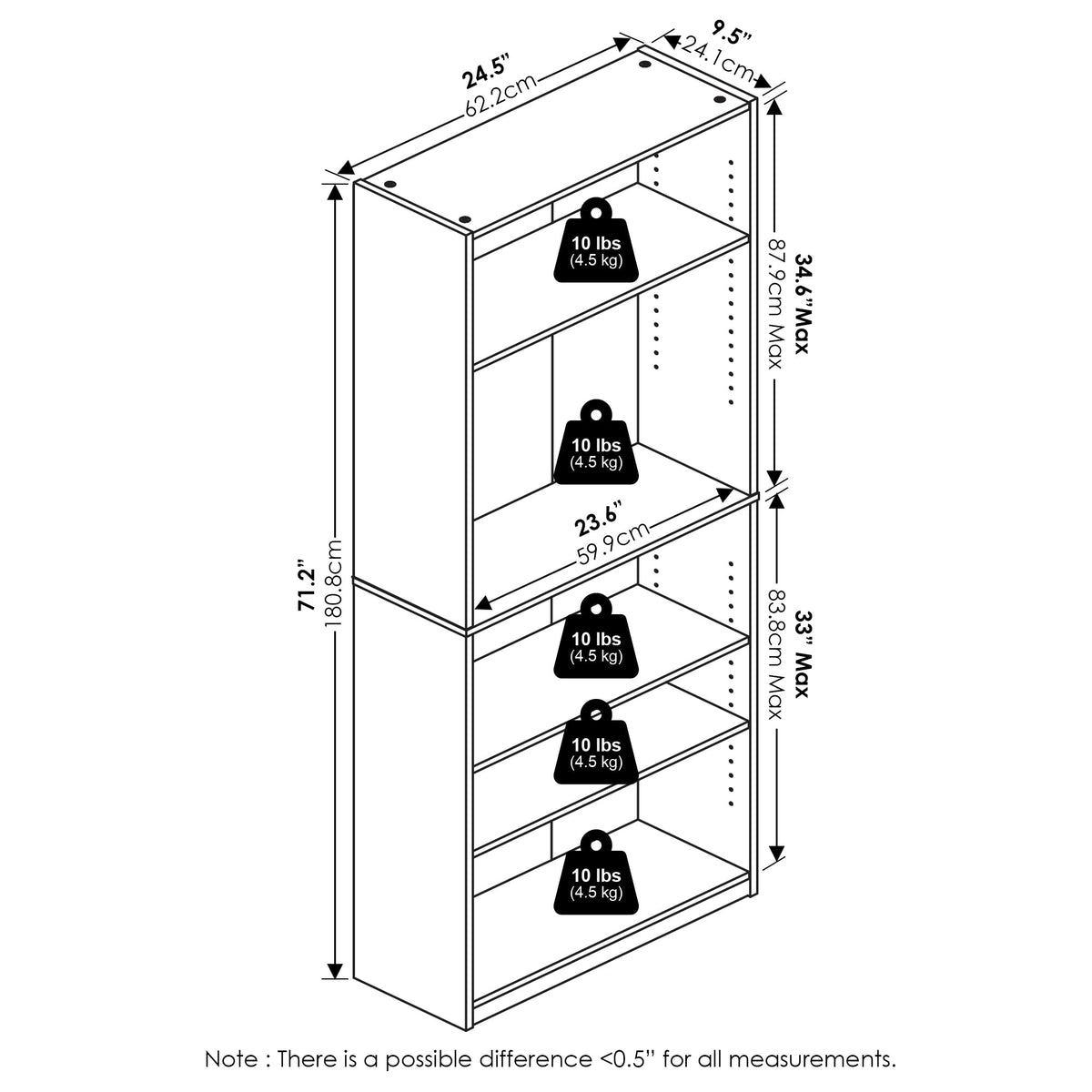 5-Tier Book Shelf with Adjustable Shelves T616