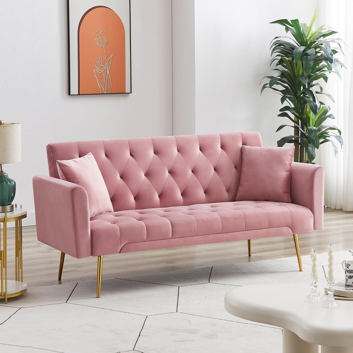 Pink Velvet Convertible Sleeper Sofa Bed I662327