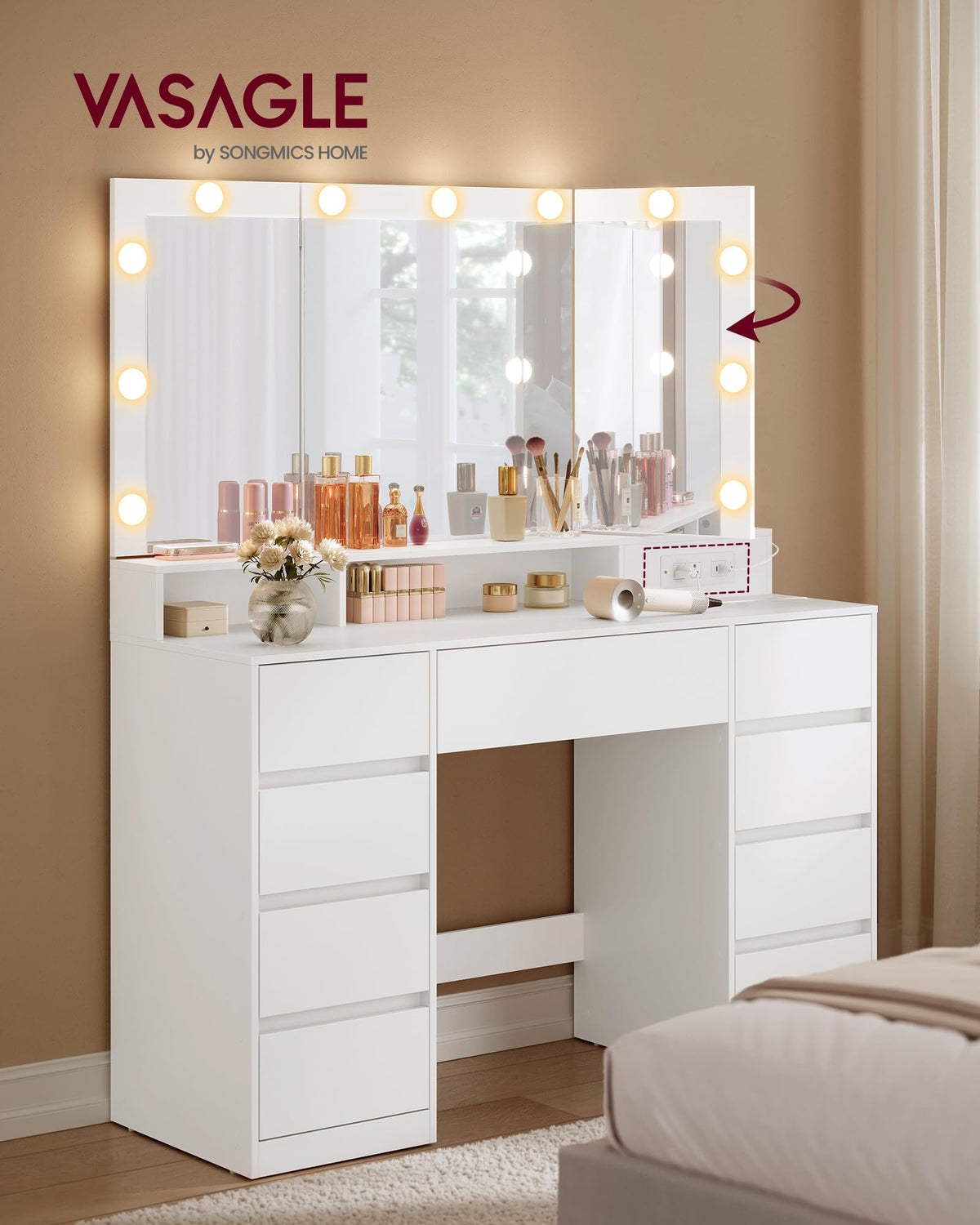 Vanity Desk with LED Lights and Tri-Fold Mirror, 9 Drawers B9348