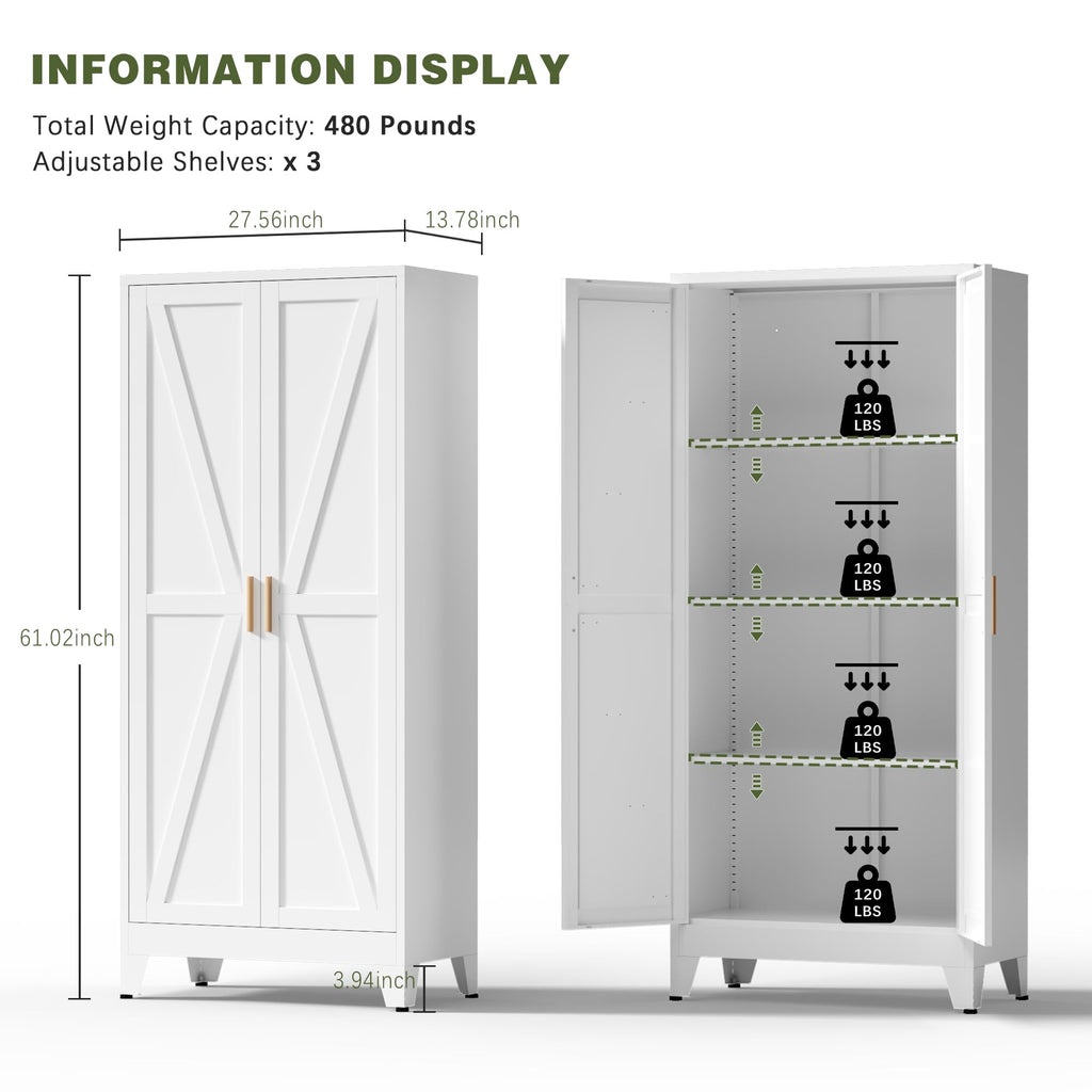 White Farmhouse Storage Kitchen Pantry Cabinet with 2 Barn Door, 3 Adjustable Shelves and Legs Y972347