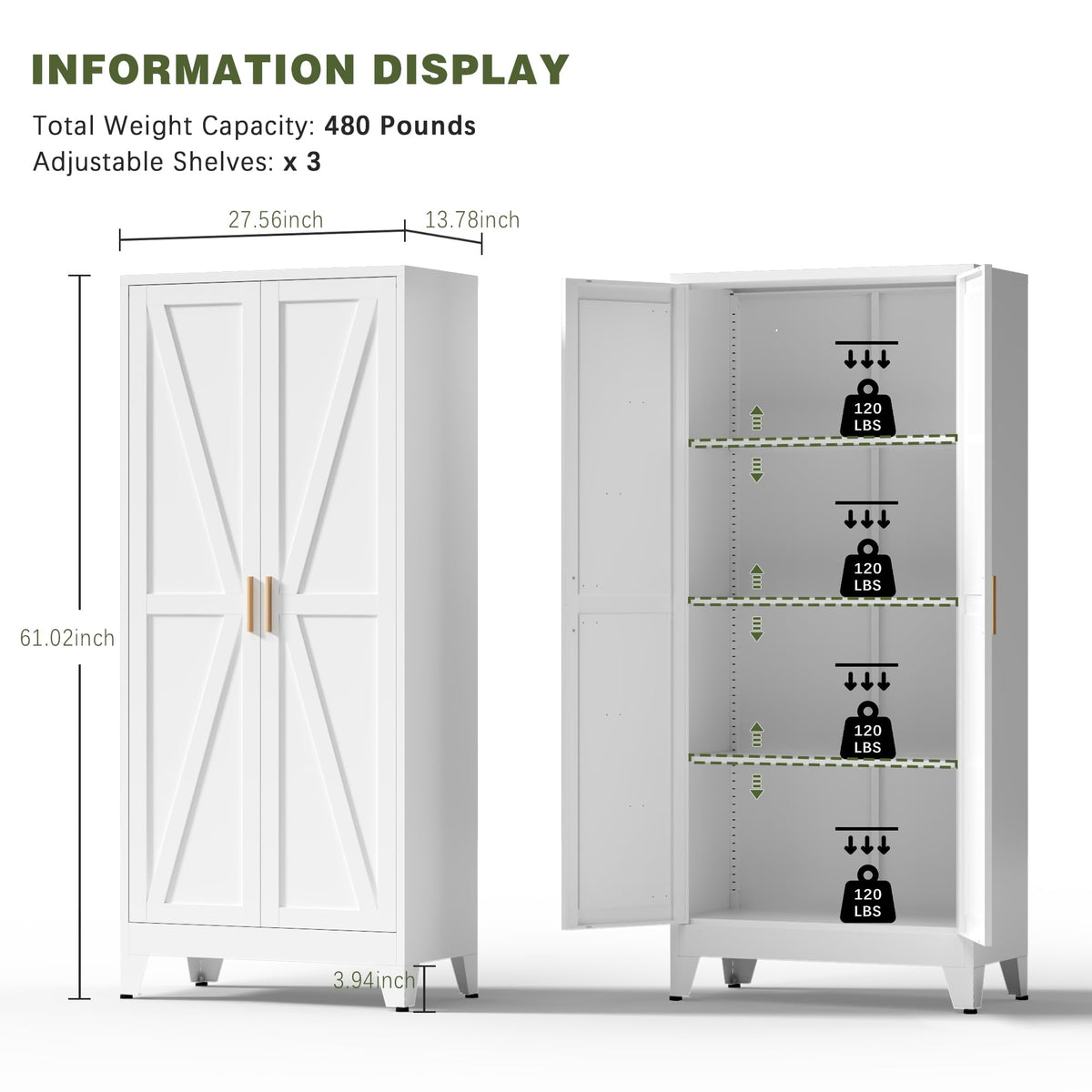 White Farmhouse Storage Kitchen Pantry Cabinet with 2 Barn Door, 3 Adjustable Shelves and Legs Y972347