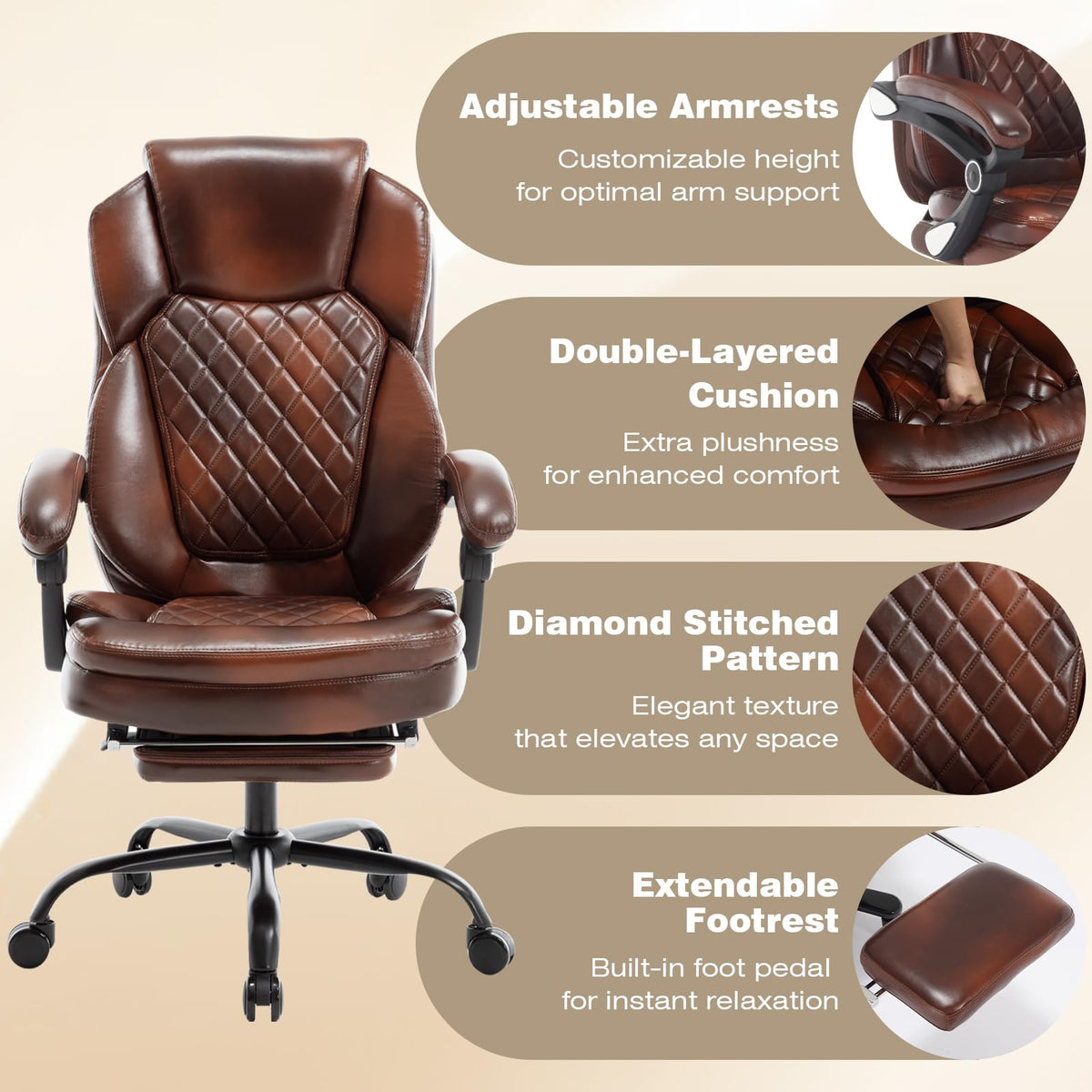 Brown Leather Reclining Office Desk Chair with Foot Rest M2927