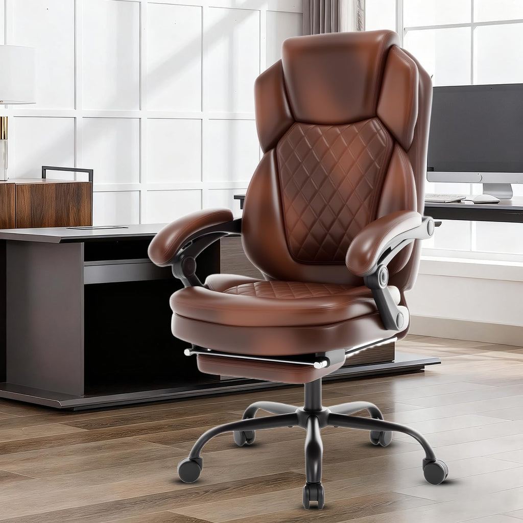 Brown Leather Reclining Office Desk Chair with Foot Rest M2927