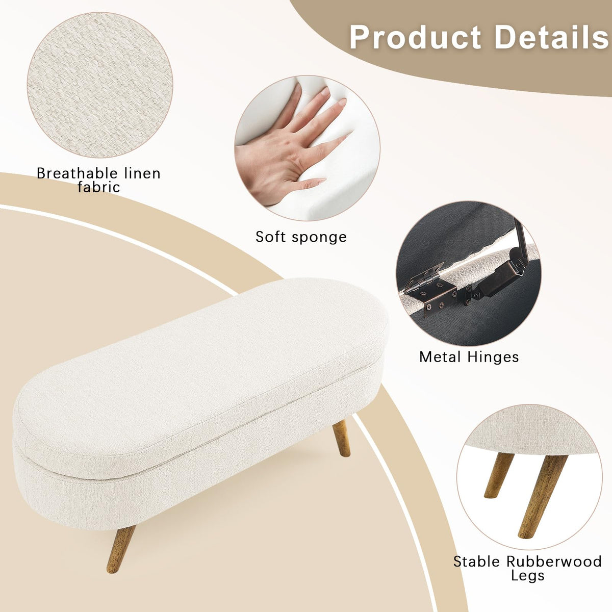 Beige Linen Upholstered Storage Ottoman Bench S1781