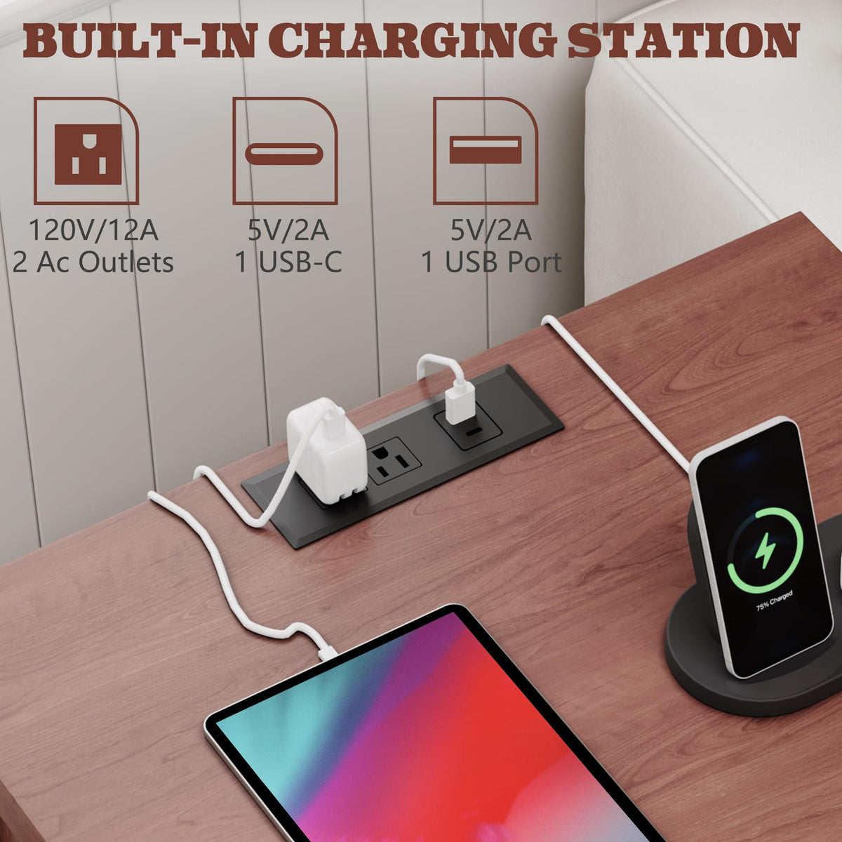 Cherry Brown 3 Drawer Nightstand with Charging Station X409516
