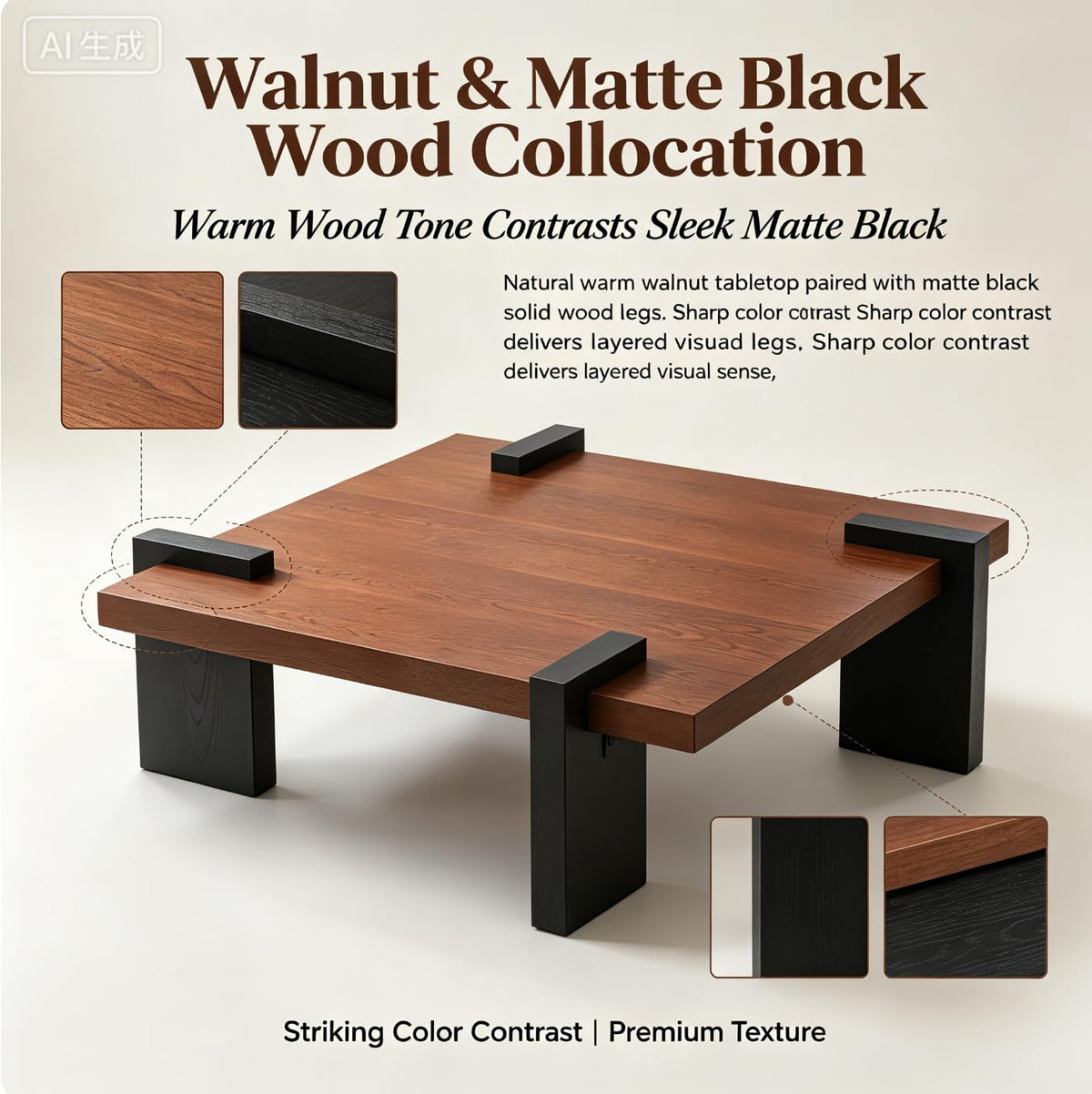 Walnut Coffee Table with Black Wood Legs Z939