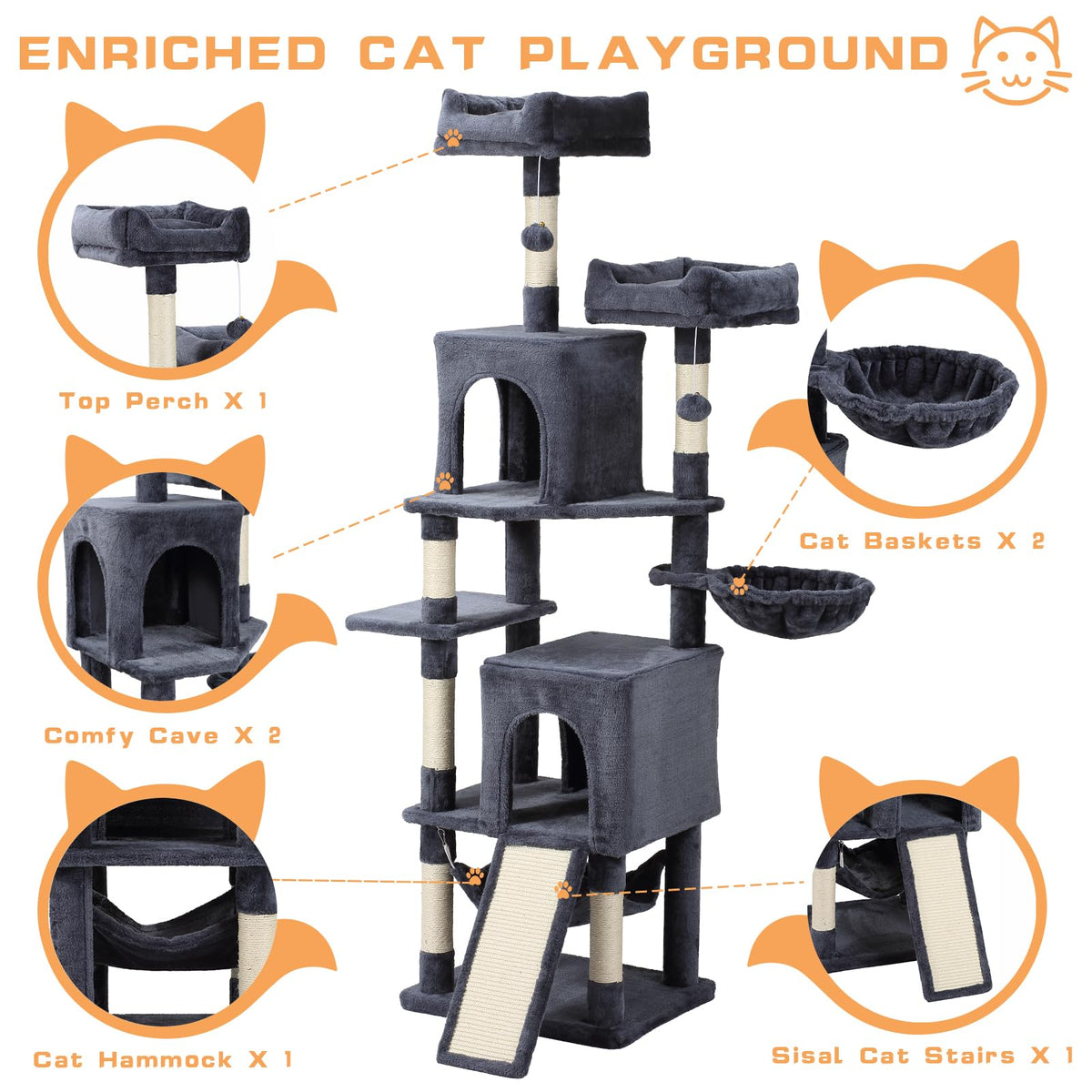 70-Inch Dark Gray Cat Tree Tower with Hammock P3857