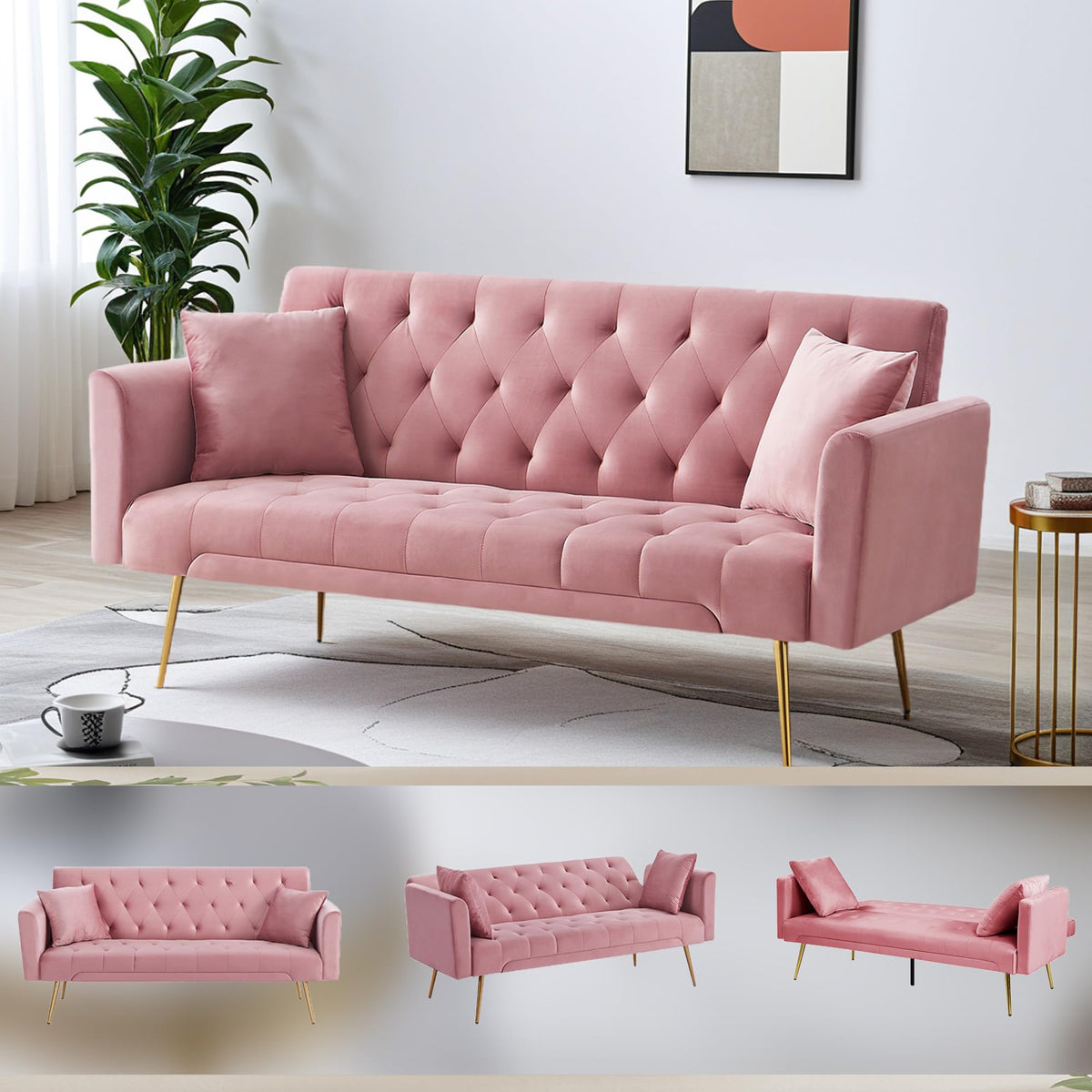 Pink Velvet Convertible Sleeper Sofa Bed I662327