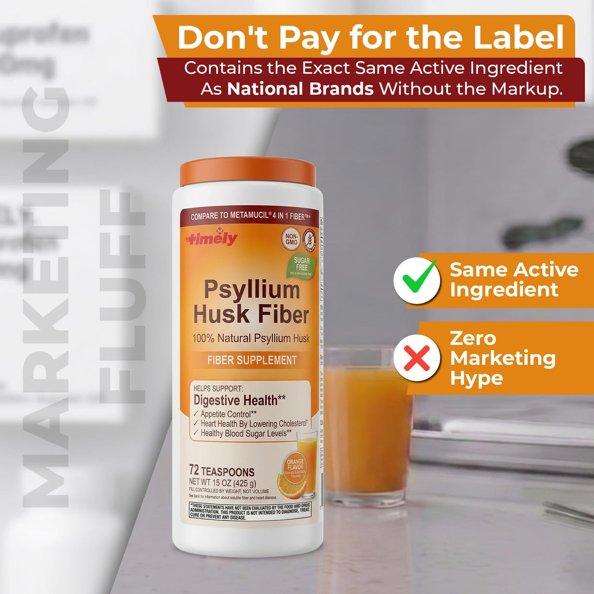 Psyllium Husk Powder Fiber Supplement, Orange Flavor, 15 oz G5226