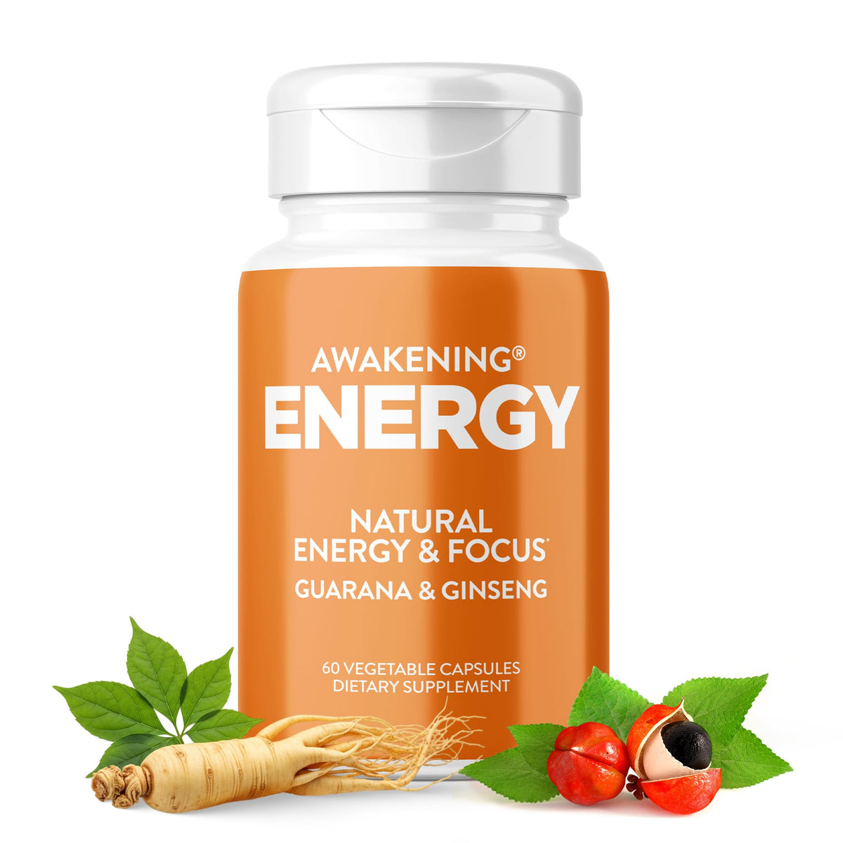 Natural Energy & Focus Supplement with Panax Ginseng, Guarana Extract & Chromium Picolinate, 60 Caps V525