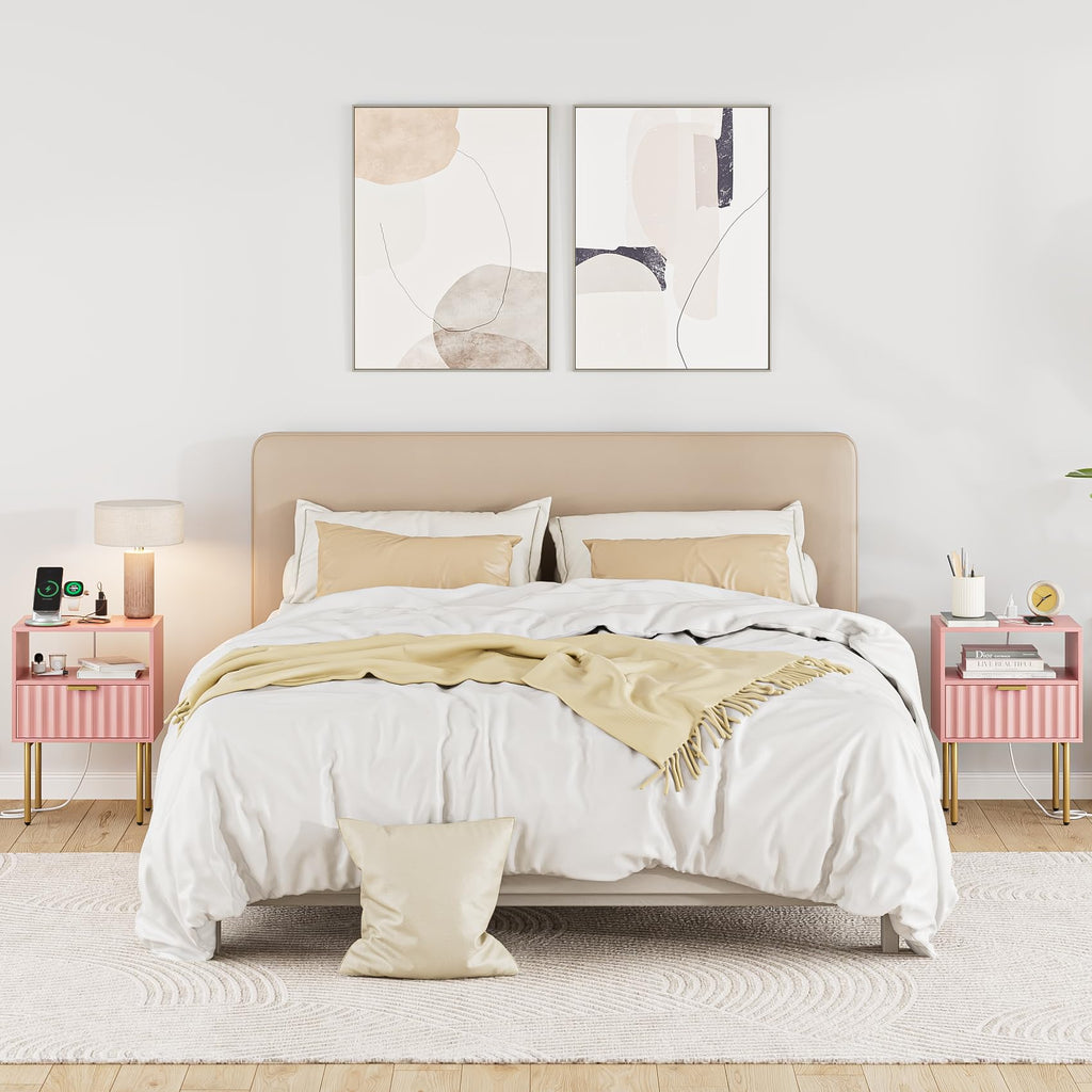 Pink Fluted Nightstand with Charging Station K49328