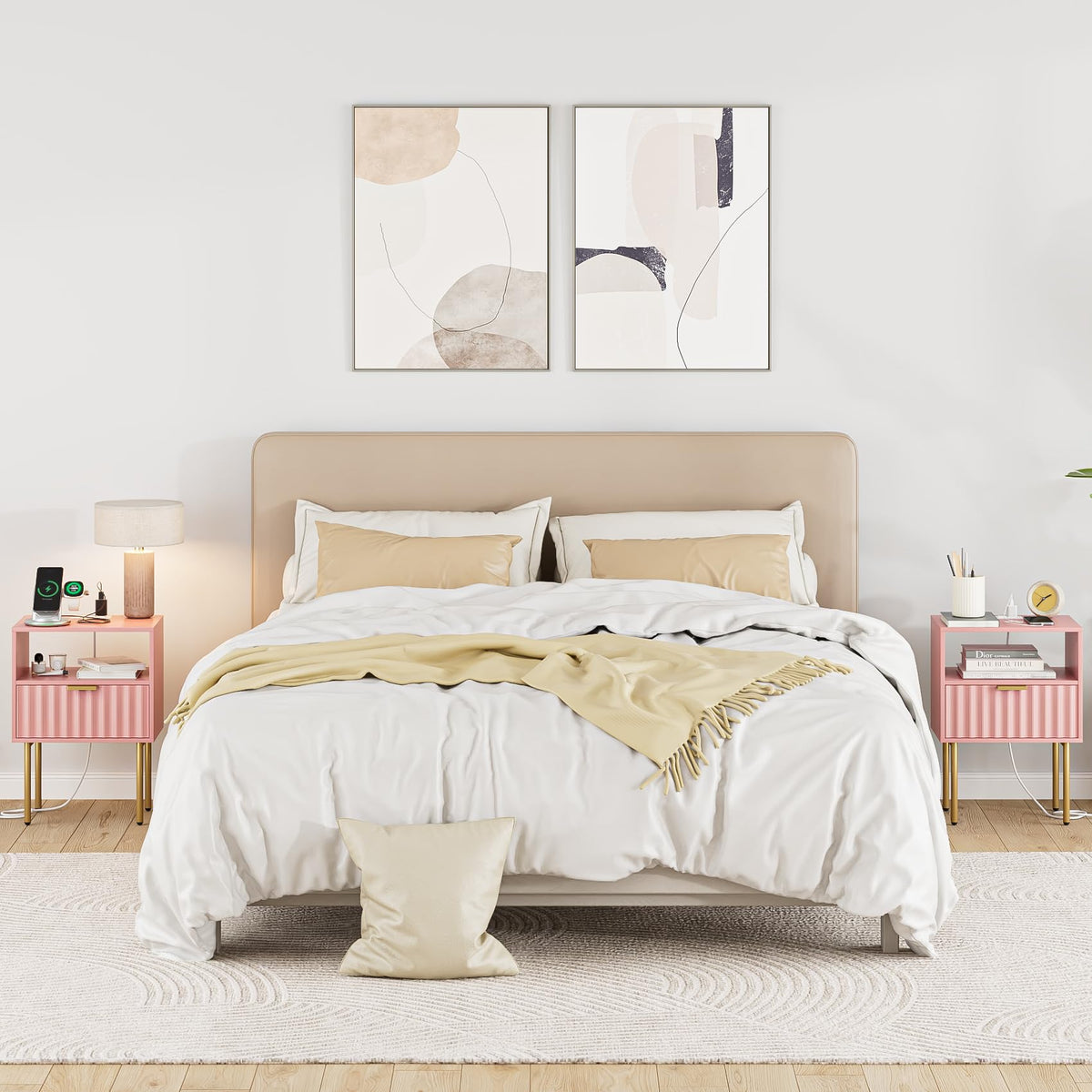 Pink Fluted Nightstand with Charging Station K49328