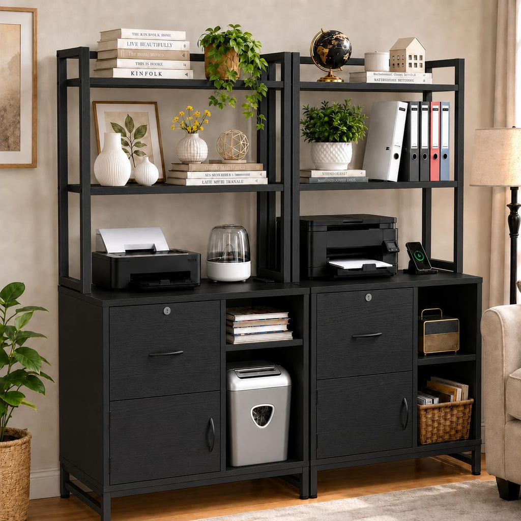 Black Vertical Filing Cabinet with Bookshelf J5641