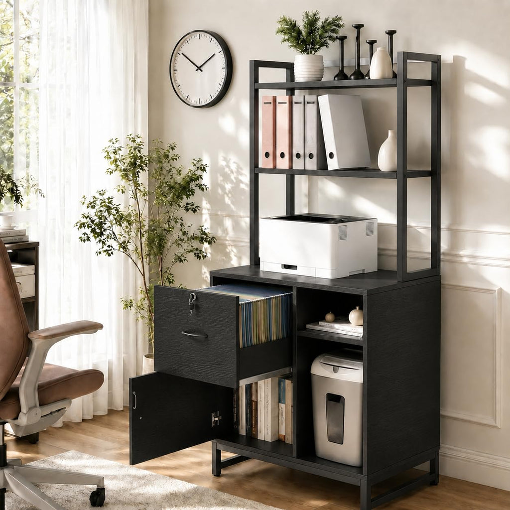 Black Vertical Filing Cabinet with Bookshelf J5641