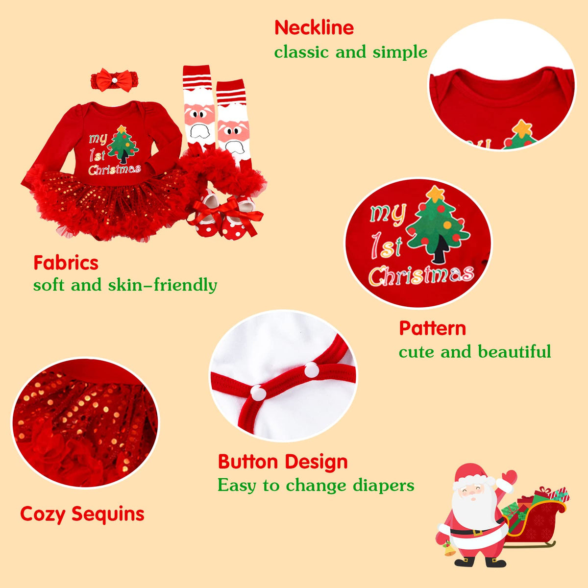 Baby Girls First Christmas Outfit Newborn Romper Tutu Dress with Shoes Headband Leg Warmer L84311