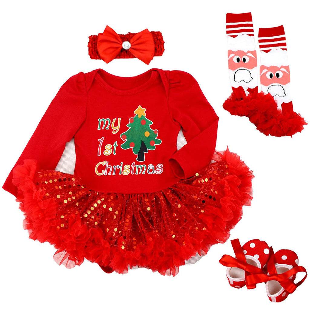 Baby Girls First Christmas Outfit Newborn Romper Tutu Dress with Shoes Headband Leg Warmer L84311
