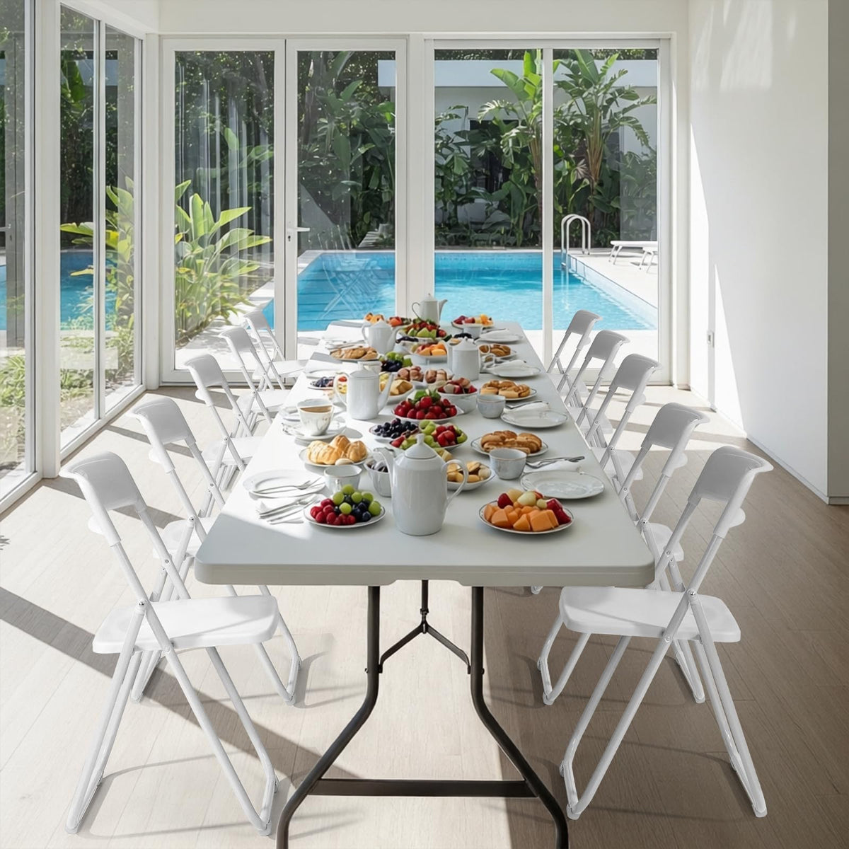 White Plastic Folding Chairs, 10 Pack Steel Frame Q514