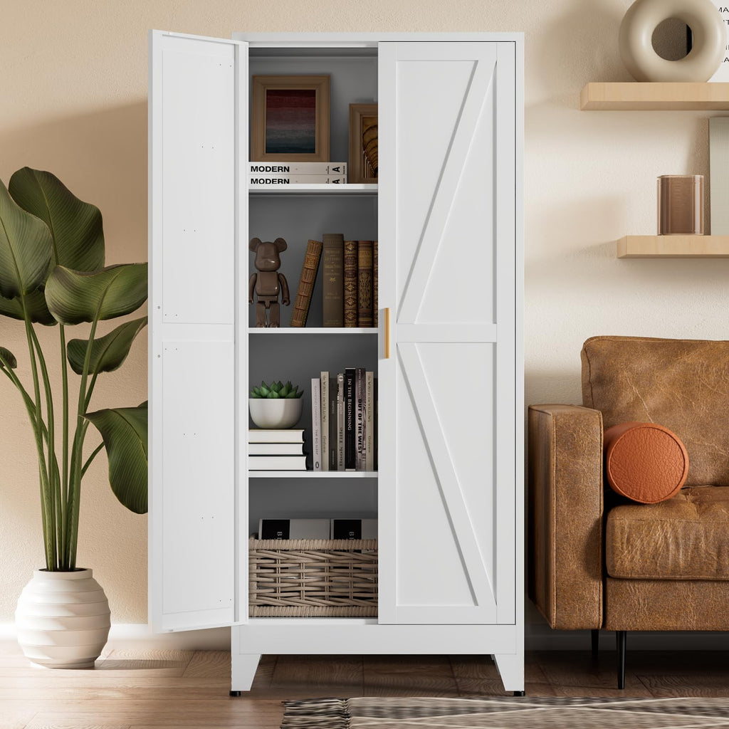 White Farmhouse Storage Kitchen Pantry Cabinet with 2 Barn Door, 3 Adjustable Shelves and Legs Y972347
