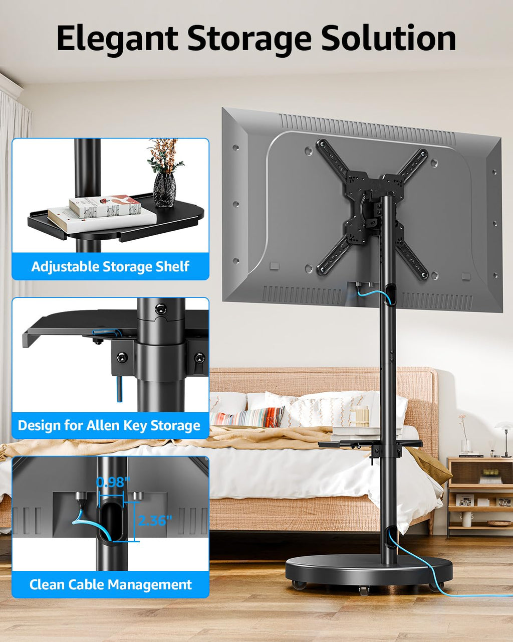 Rolling Mobile TV Cart for 32-65 Inch TVs, Height Adjustable TV Cart on Wheels B115
