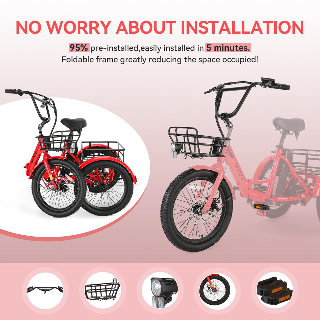 Electric Tricycle for Adults with Basket, Folding 3-Wheel Electric Bike with Removable Battery G676