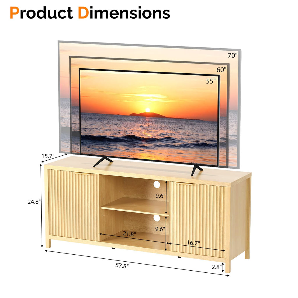 57.8" Oak TV Stand for 70 Inch TV with Adjustable Shelves and Cabinet Storage G250446