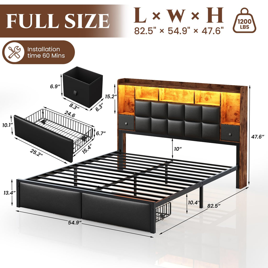 Full Size Platform Bed Frame with LED Light and Charging Station, Black B7689