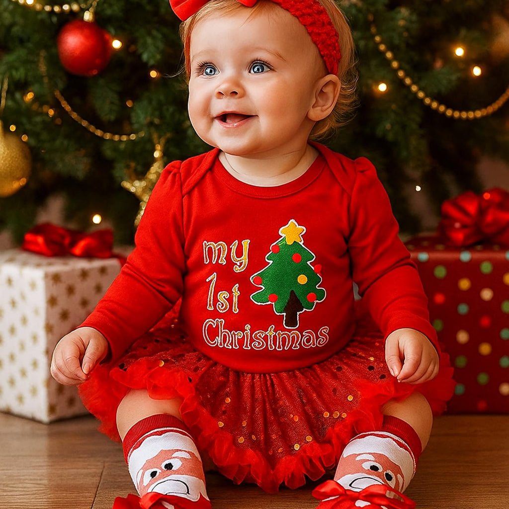 Baby Girls First Christmas Outfit Newborn Romper Tutu Dress with Shoes Headband Leg Warmer L84311