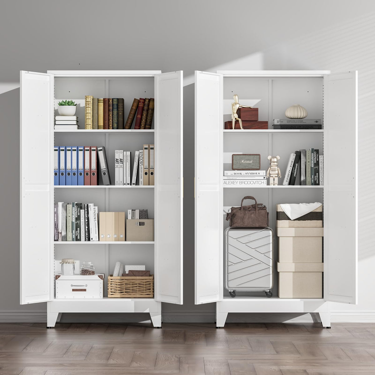 White Farmhouse Storage Kitchen Pantry Cabinet with 2 Barn Door, 3 Adjustable Shelves and Legs Y972347