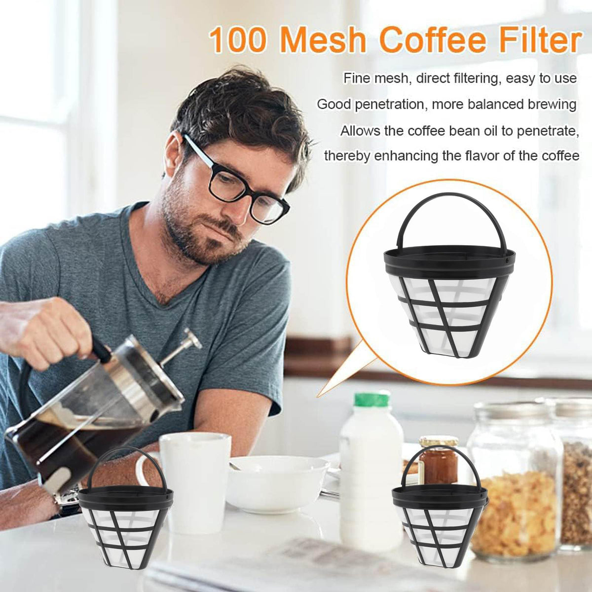 Reusable Cone Coffee Filters 8-12 Cup with Spoon and Brush F8491