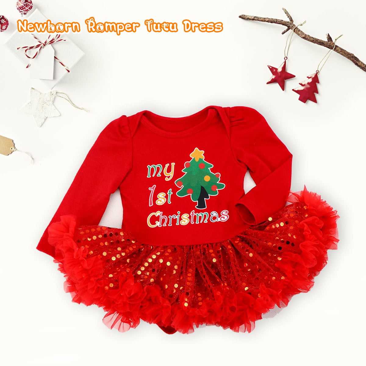 Baby Girls First Christmas Outfit Newborn Romper Tutu Dress with Shoes Headband Leg Warmer L84311