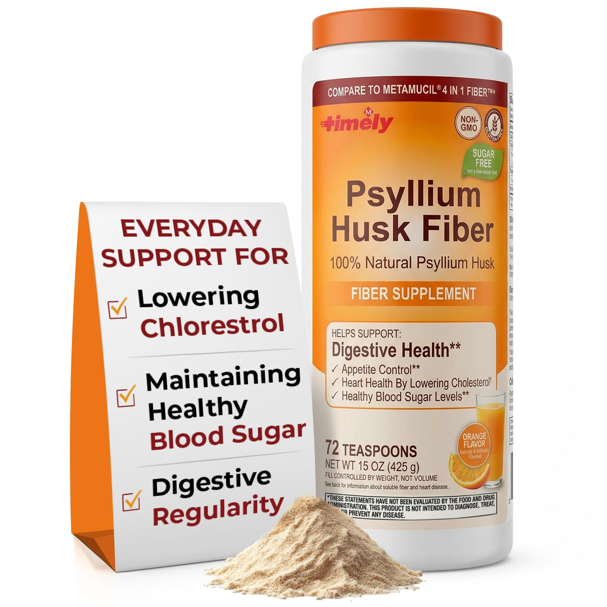 Psyllium Husk Powder Fiber Supplement, Orange Flavor, 15 oz G5226