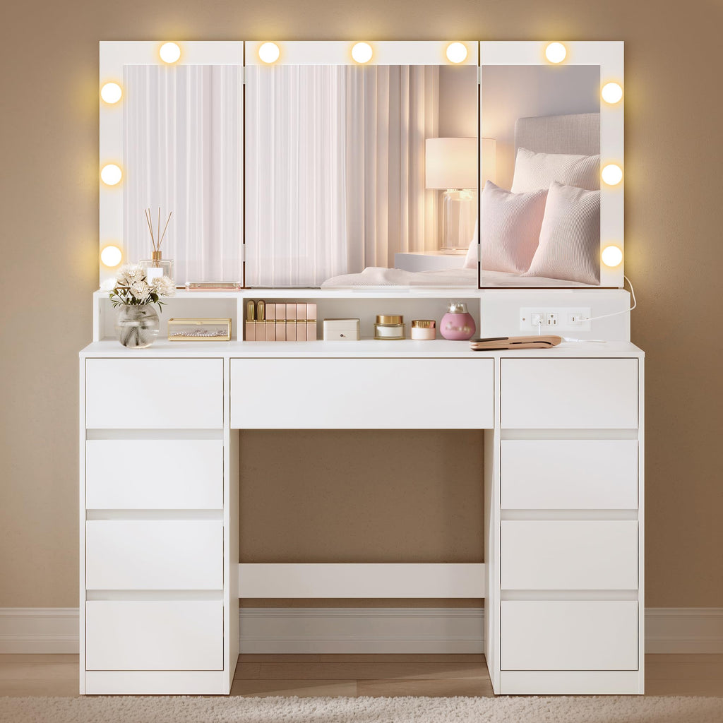 Vanity Desk with LED Lights and Tri-Fold Mirror, 9 Drawers B9348