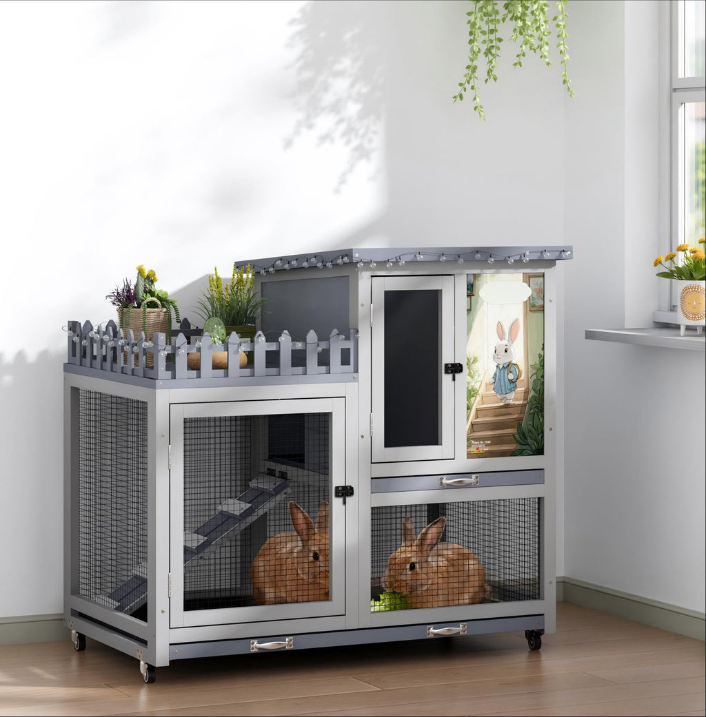 Wood Rabbit Hutch with Balcony on Wheels N866